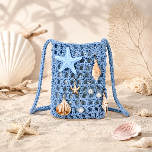 Handmade Crochet Crossbody Phone Bag With Seashell & Starfish Charms Beach Bag
